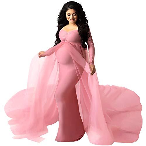Women's Long Sleeve Off Shoulder Maternity Dress Ruched V-Neck Tulle Maxi Photography Dresses for Baby Shower Photo Shoot Elegant Fitted Mermaid Pregnancy Gown for Evening Wedding Party Pink Medium