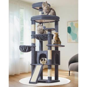 Taoqimiao 72 Inches Cat Tree for Large Cats, Multi-Level Tall Cat Tower, Widened Cat Condo with Large Scratch Board, 5 Scratching Posts, Metal Hammcock, Cozy Basket, Smoky Gray, MS045G