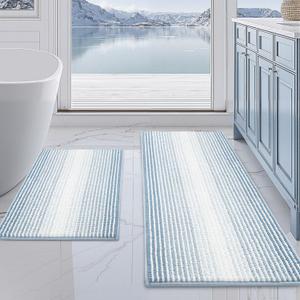 BSICPRO Bathroom Rugs and Mats Sets, 2 Piece Thick Absorbent Chenille Bath Mat Rug Set Non Slip, Soft Shaggy Bath Room Floor Mats for Bathroom, Machine Washable (20" x 47" Plus 16" x 24",Ice Blue)