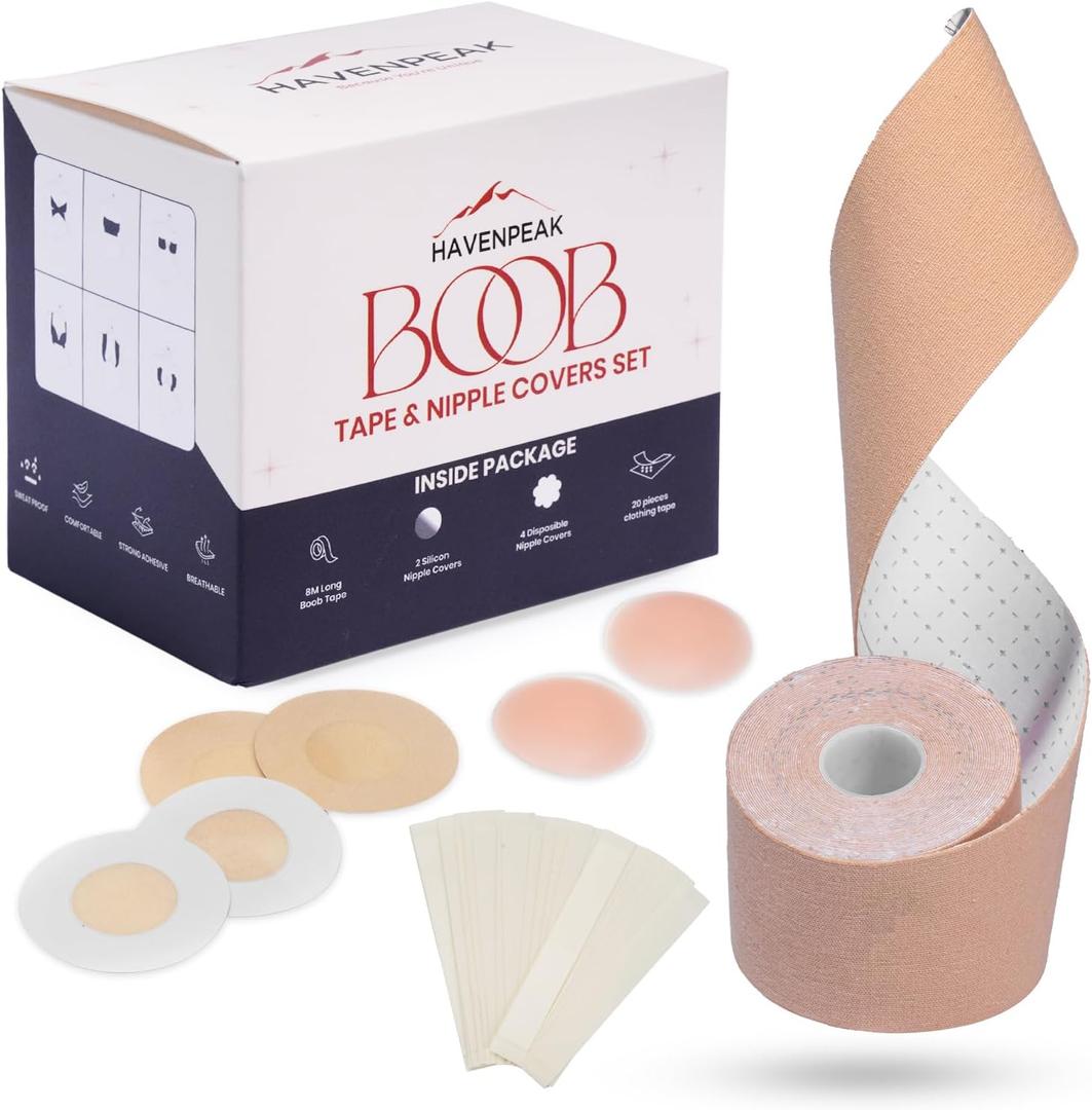 2 x Boob Tape & Nipple Covers Set | 8M Lift Tape with 2 Silicone Covers, 20 Clothing Strips & 4 Disposable Covers | Waterproof Invisible Bra for Backless, Strapless Dresses (1 Pack Tape Set)