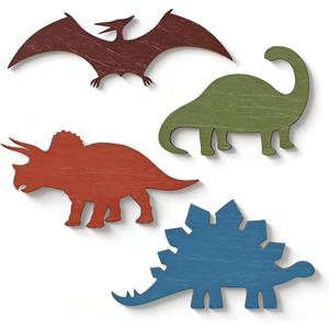 4 Pcs Dinosaur Wall Decors Wooden, Boys Dinosaurs Playroom Wall Decor, Farmhouse Dinosaur Gifts for Home Kitchen Bathroom Office Decoration, 14.17 x 5.11 inches