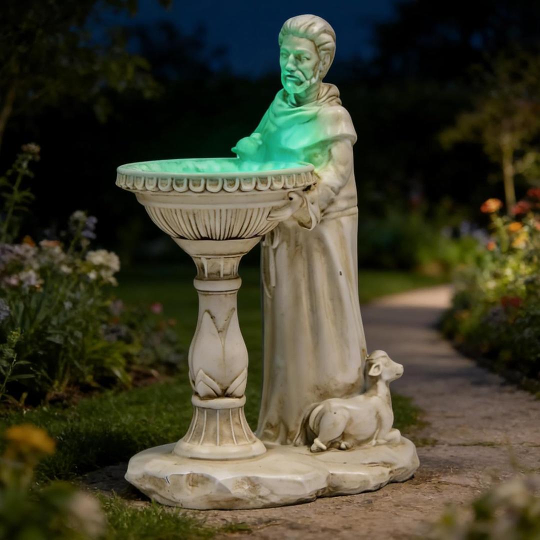 St Francis Garden Statue Outdoor Solar Garden Decor Resin 10.5 Inch Tall Colorful Lights St Francis Statue with Bird Bath Feeder for Yard Patio Lawn Decoration Religious Gardening Gifts