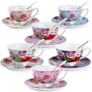BTaT- Floral Tea Cups and Saucers with Spoon, 8 oz, 6 Set, Porcelain Tea Cups Sets, Dishwasher Safe