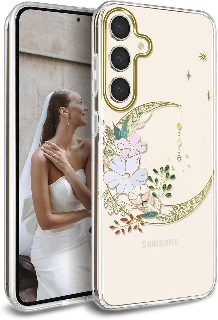 for Galaxy S24 Plus Case Clear Glitter Plating Design Slim Protective Shockproof TPU Hard Back Cover Phone Case for Samsung Galaxy S24 Plus 5G 6.7 inch 2024 Gold Moon