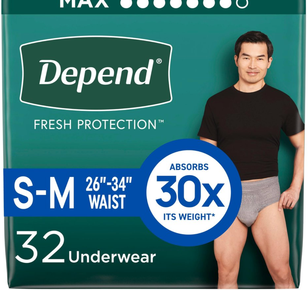 Depend Fresh Protection Adult Diapers, Incontinence Underwear for Men, Disposable, Maximum, Small/Medium, Grey, 32 Count
