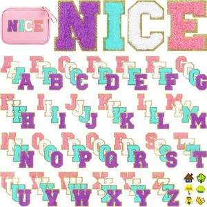Jongdari Iron On Letters Chenille Letter Patches for Clothing, 2.2'' Varsity Self Adhesive Letters Embroidery Glitter Stick On Alphabet Patches (Pink, While, Blue, Purple. 110pcs)
