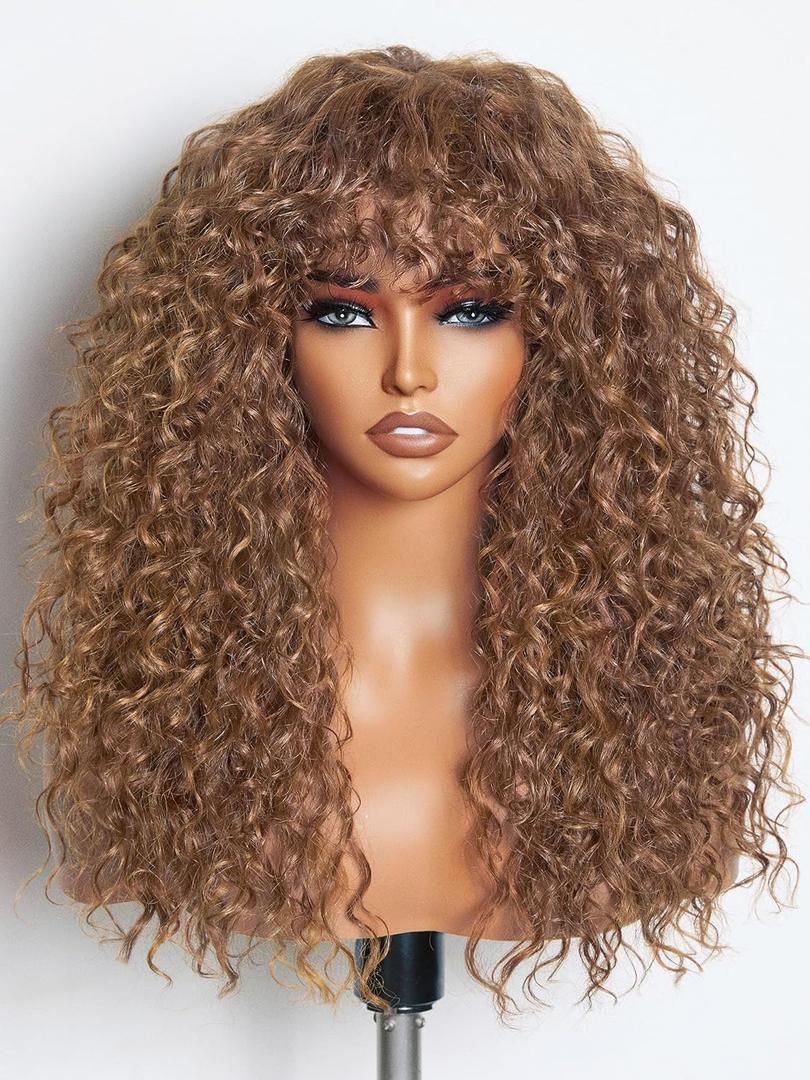 GORGIUS Veralux Blend Human Hair Curly Wig with Bangs Cinnamon Brown Shaggy Curl Glueless Bang Wig with True Scalp Upgraded with Natural Human-Hair-Like Premium Synthetic Fiber