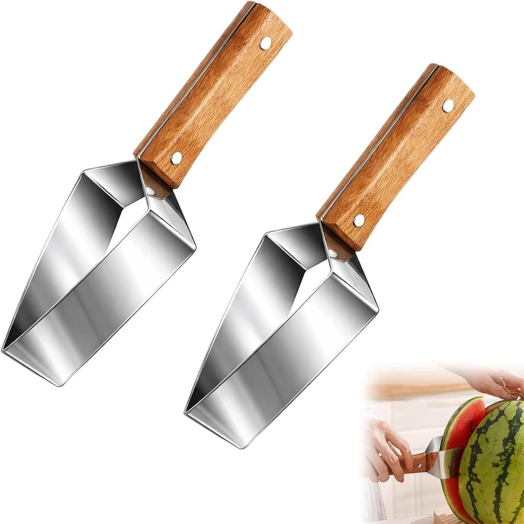Stainless Steel Watermelon Slicer, Triangle Watermelon Cutter with Wooden Handle, Summer Melon Divider Tool for A Wide Variety Watermelons, Cantaloupe, Honeydew, Apples