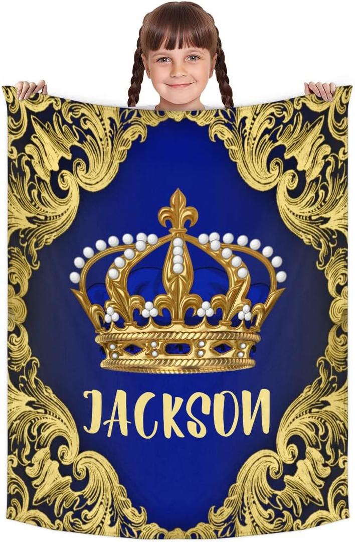 Personalized Baby Blankets for Girls Boys, Custom Baby Blanket with Name Swaddle Toddler Fleece Blanket Personalized Gift Blue Gold Prince Crown (30"x40", Option 8)