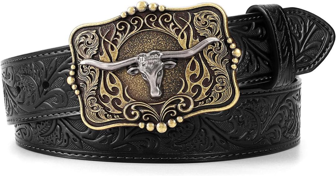 Cowboy Cowgirl Belt Western Belts for Men Women Floral Engraved Longhorn Bull Buckle Belt for Jeans (Black)