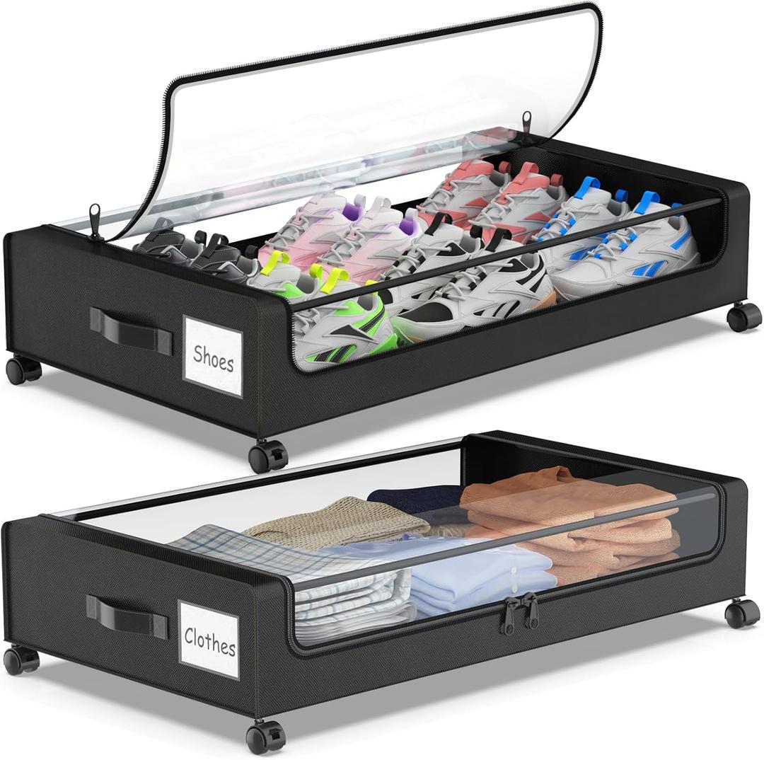 Molutsody Under Bed Storage with Wheels, 2-Pack Underbed Storage Containers with Clear Lids, Under Bed Shoe Storage Organizer, Rolling Under the Bed Storage Bins for Clothes Shoes Blankets (Black), 16.95"x31.5"