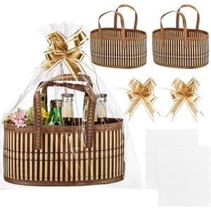 Reallnaive Baskets for Gifts Empty Sturdy Woven Bamboo Gift Basket with Gift Bags and Ribbons for Christmas Thanksgiving Birthday Mothers Day Housewarming Party Gift Wrapping, 12"x 8"x 6"(2 Set)
