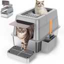 Aphyxen Stainless Steel Litter Box with Lid, XL Extra Large Enclosed Cat Litter Box Fits All Cats Modular Design with Flip Cover, Top Entry Metal High Sided Cat Box & Pedal & Scoop (Grey)