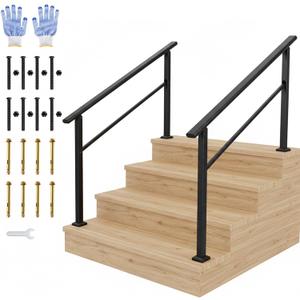 IDEALHOUSE 2 Pack 4 Step Outdoor Stair Handrail Kit, Black Aluminum & Iron Construction for Porch Steps, Easy Assembly Safety Railing, All Hardware & Gloves Included