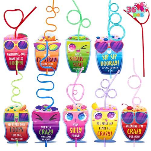 JOYIN 36 Pack Valentines Day Gift Cards with Colorful Loop Reusable Drinking Straws for Kids, Valentine Party Favors Toy for Girls Boys Toddlers School Classroom Gift Exchange Prizes