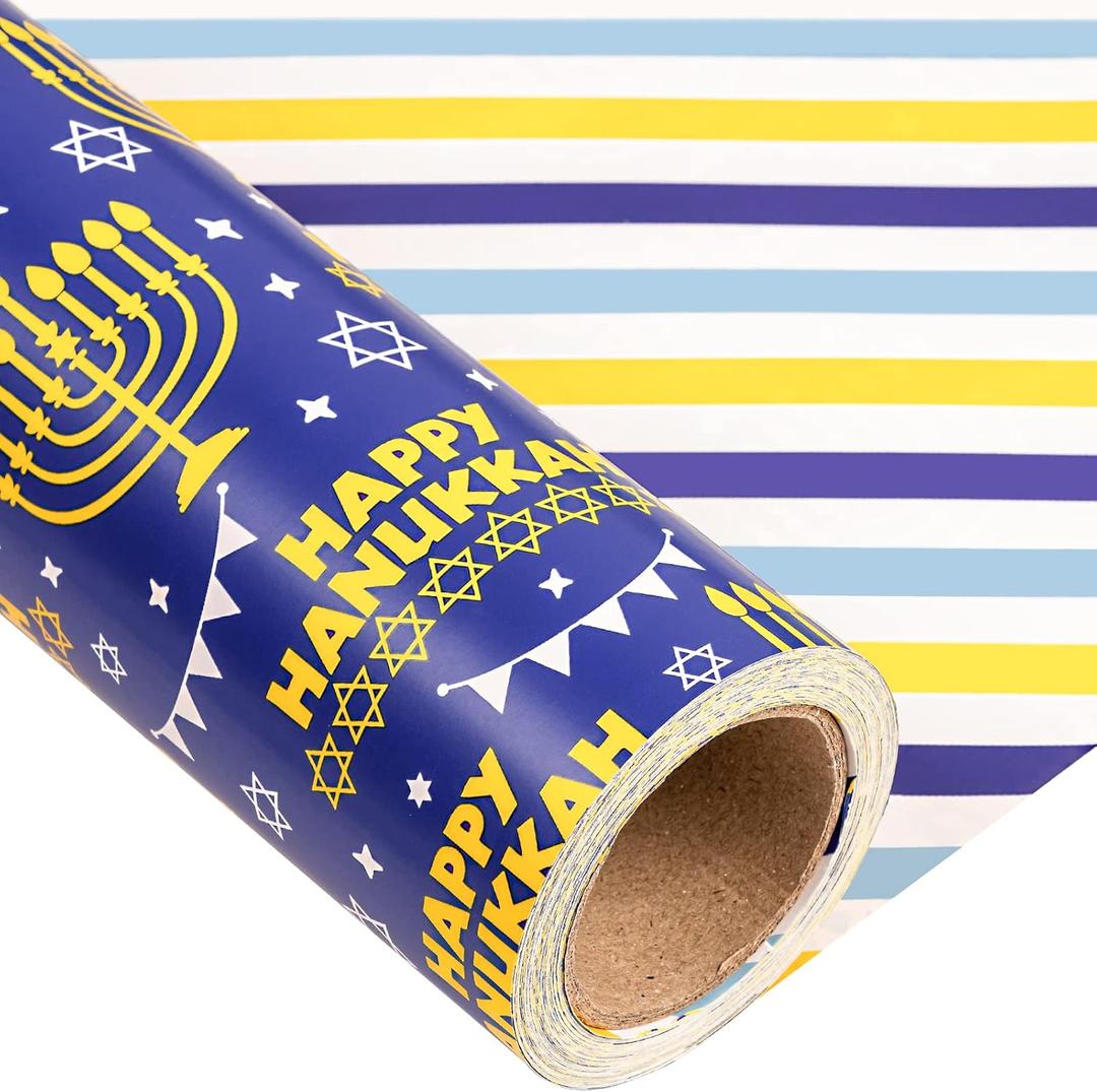 LeZakaa Hanukkah Wrapping Paper Jumbo Roll, Menorah, Hexagram with Happy Hanukkah, Stars of David & Stripe Reversible Design, 24 inches x 100 Feet (200 sq.ft.)