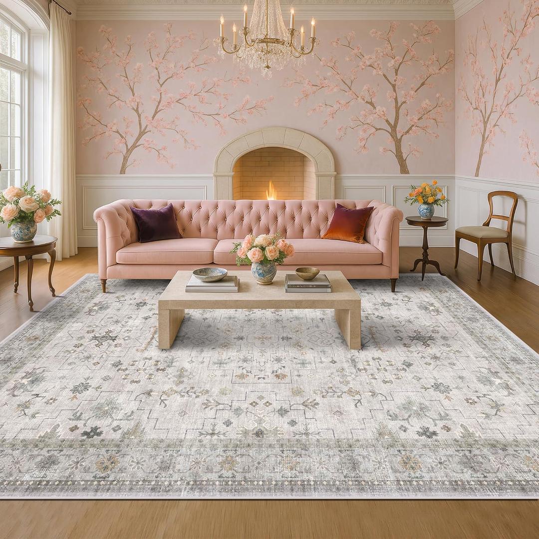 Hazo Haus Boho Light Grey Living Room Rug 9x12 - Modern Vintage Eclectic Floral Pastel Neutral Taupe, Washable Low Pile Non-Slip Extra Large Area Rugs for Dining Under Table Bedroom
