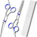 Professional Dog Grooming Scissors Kit, Titanium Coated Dog Scissors for Grooming, Grooming Shears Kit - Thinning, Curved Scissors and Comb for Dog Cat Pet (Blue 4 in 1)
