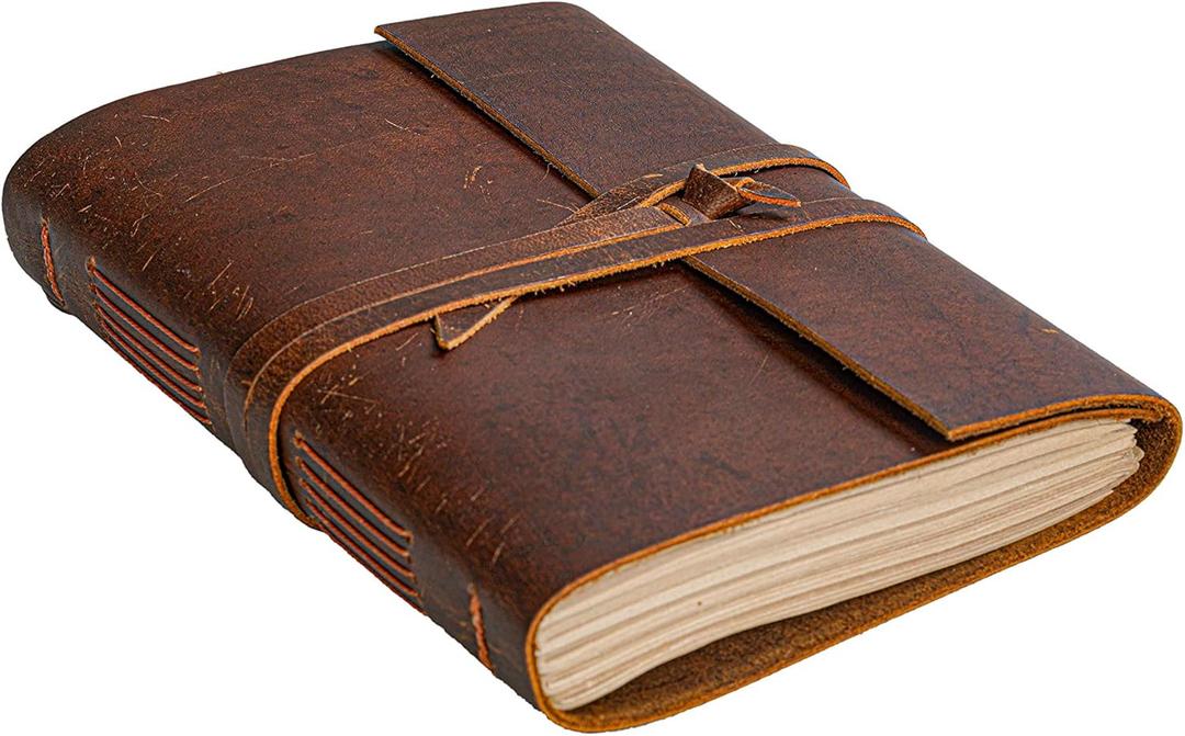 Leather Journal Notebook - Rustic Handmade Vintage Leather Bound Journals for Men and Women - Leather Craft Unlined Paper 300 Pages, Leather Book Diary Pocket Notebook, Diary To Write In (5" x 7")