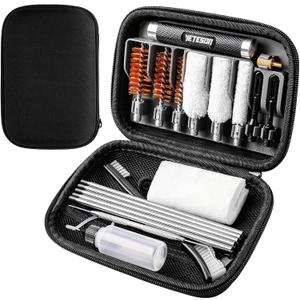 Shotgun Cleaning Kit for 12, 20, 410 Gauge - Compact Portable Case with Bronze and Spring Brushes, Brass Adaptor, Cotton Mop, Cleaning Pick, Patch Holder, Patches, Hand Brush, Empty Oil Bottle
