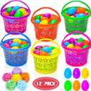 12 Pieces Easter Baskets with Handle for kids - Plastic Easter Egg Hunts Bucket with 36Pcs Empty Eggs and 60g 6 colors Grass for Pascua Party Favor Garden Basket Filler Stuffer Decorations
