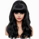 Rugelyss Long Wavy Black Wig with Bang Big Bouffant Beehive Wigs for Women fits 80s Costume or Halloween Party, cap size in 21.5-22 inches