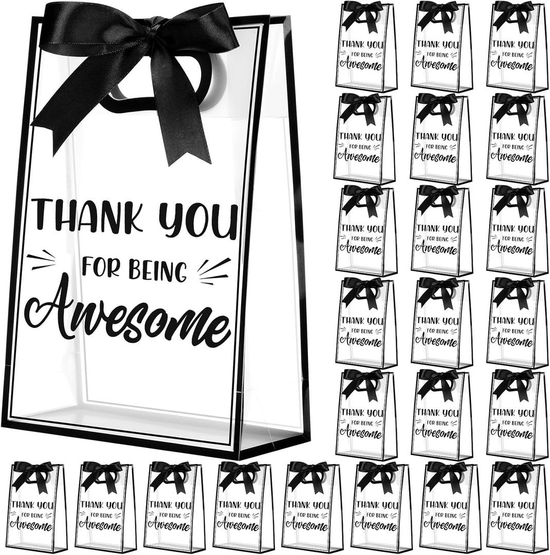 Shinylin 24 Pcs Employee Appreciation Clear Gift Bags Inspirational Clear Plastic Gift Bags with Handle Thank You for Being Awesome Reusable Party Favor Bag for Employee Coworker Teacher, 10 x 7 x 3.1 (Black)