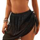 Bsubseach Sparkly Sarong Coverups for Women Wrap Skirt with Drawstring Sheer Swimsuit Cover Up Shiny Skirt (Large, Black)