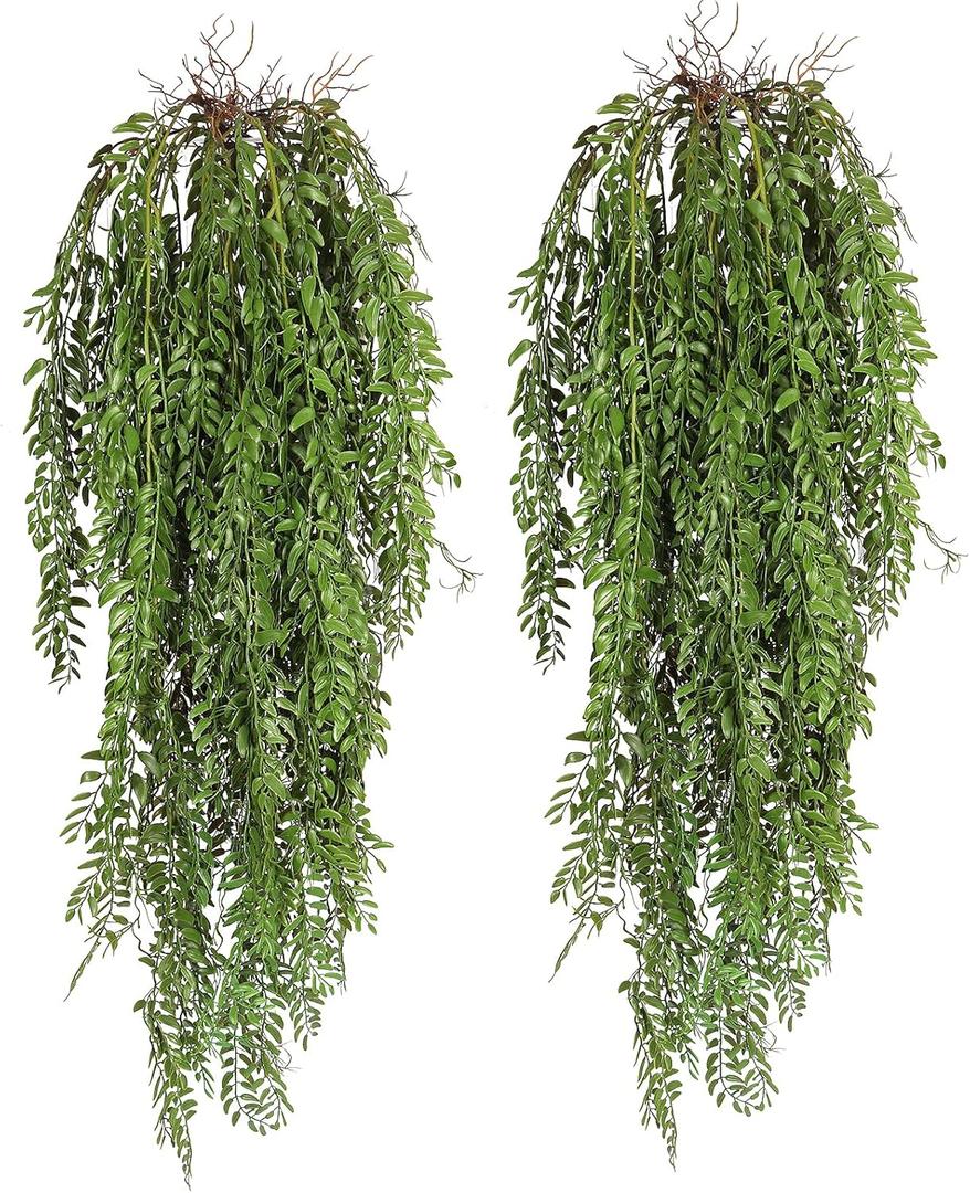 RECUTMS 2 Pcs Hanging Fake Plants Faux Ferns Ivy Willow Vine Leaves Wall Greenery Artificial Vine Plastic for Spring Home Garden Wedding Party Indoor Outdoor Easter Decorations(Green)