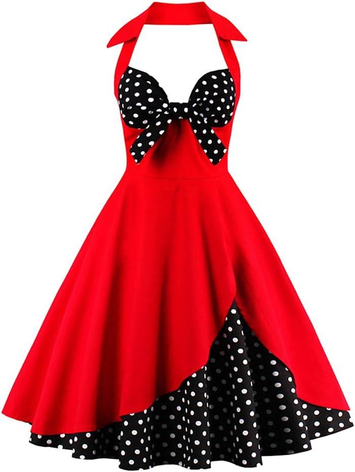 Women Vintage 1950s Rockabilly Swing Dress 50s Pinup Retro Hepburn Style A-Line Halterneck Floral Dresses, L