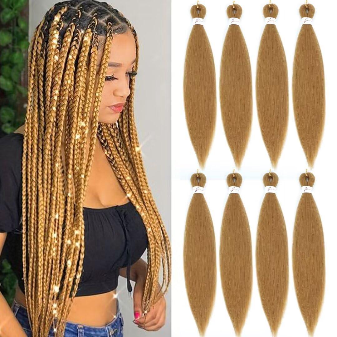 27 Braiding Hair Pre Stretched 8 Packs 20inch Honey Blonde Braiding Hair Pre Stretched Synthetic Fiber Crochet Braids Hair Extension Hot Water Setting 80g/pack(#27,8Packs,20inch)