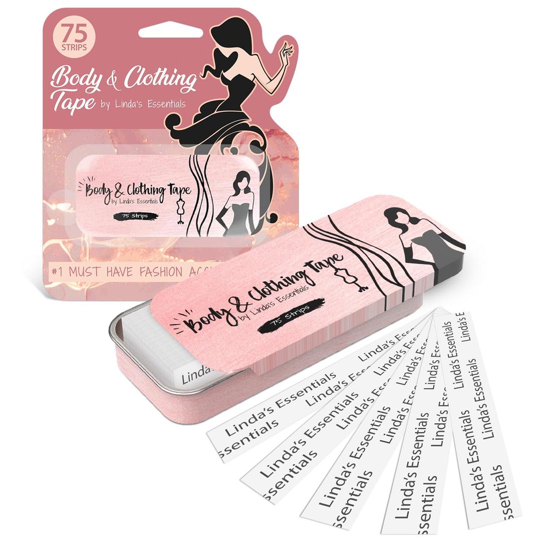 Double Sided Tape for Clothes, Body and Fashion (75 Pack) | Clothing and Hem Tape for Women, No Sew No Iron, Fabric Adhesive, Strong Adhesive for Skin for All Shades and Sensitivity, Includes Tin Box (Clear)