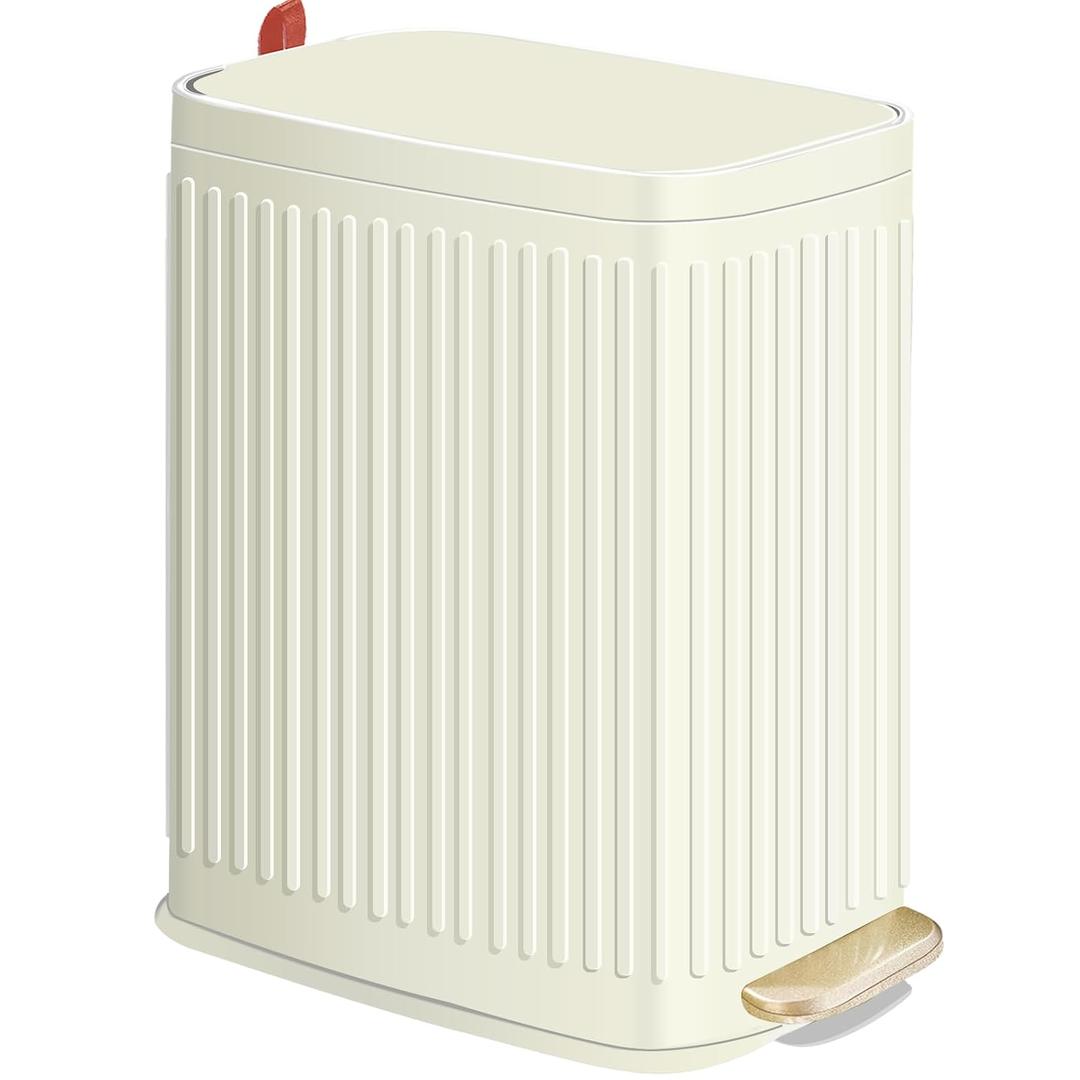 Small Bathroom Trash Can with Air Freshener Soft Close Lid, 6 Liter/ 1.6 Gallon Stainless Steel Garbage Can with Removable Inner Bucket,Step Pedal, Slim Wastebasket for Bedroom, Toilet (Ivory White)