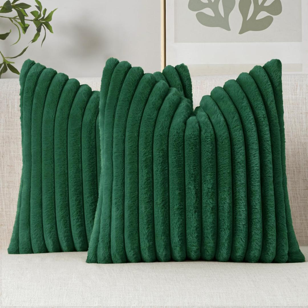 MIULEE Faux Fur Decorative Throw Pillow Covers 18x18 Inch Set of 2, Modern Spring Home Decor Soft Plush Couch Pillows Cozy Fluffy Cushion Covers for Sofa Bed Dark Green
