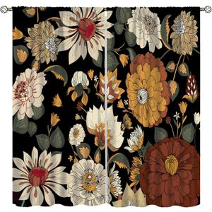 Boho Floral Curtain for Bedrooms,Abstract Mid Century Morden Bohemian Decor Drapes for Girls Women Home Window Curtains 42x45 Inch, Black Red