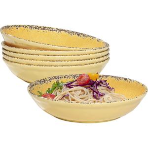 Farmhouse Melamine Pasta Bowls Set, 42 OZ Large Salad Bowls Set, 9.25 inch 6 Piece large Soup Bowls,Wide and Shadow Rustic Round Serving bowl, Set of 6 Dinner Bowl,Yellow