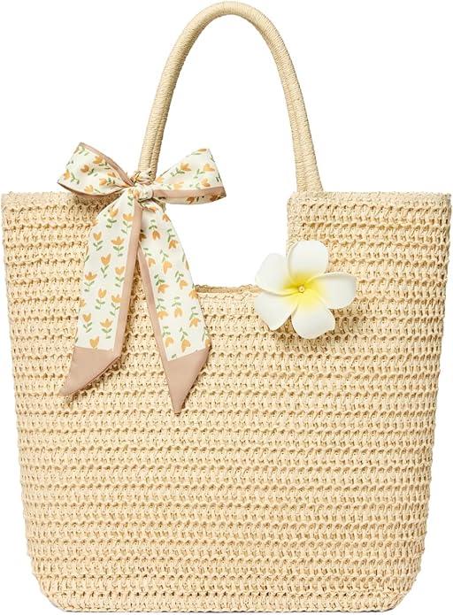 Straw Tote Bag for Women, Large Summer Beach Bag With Polka Dot Scarf & Plumeria Flower (Beige)