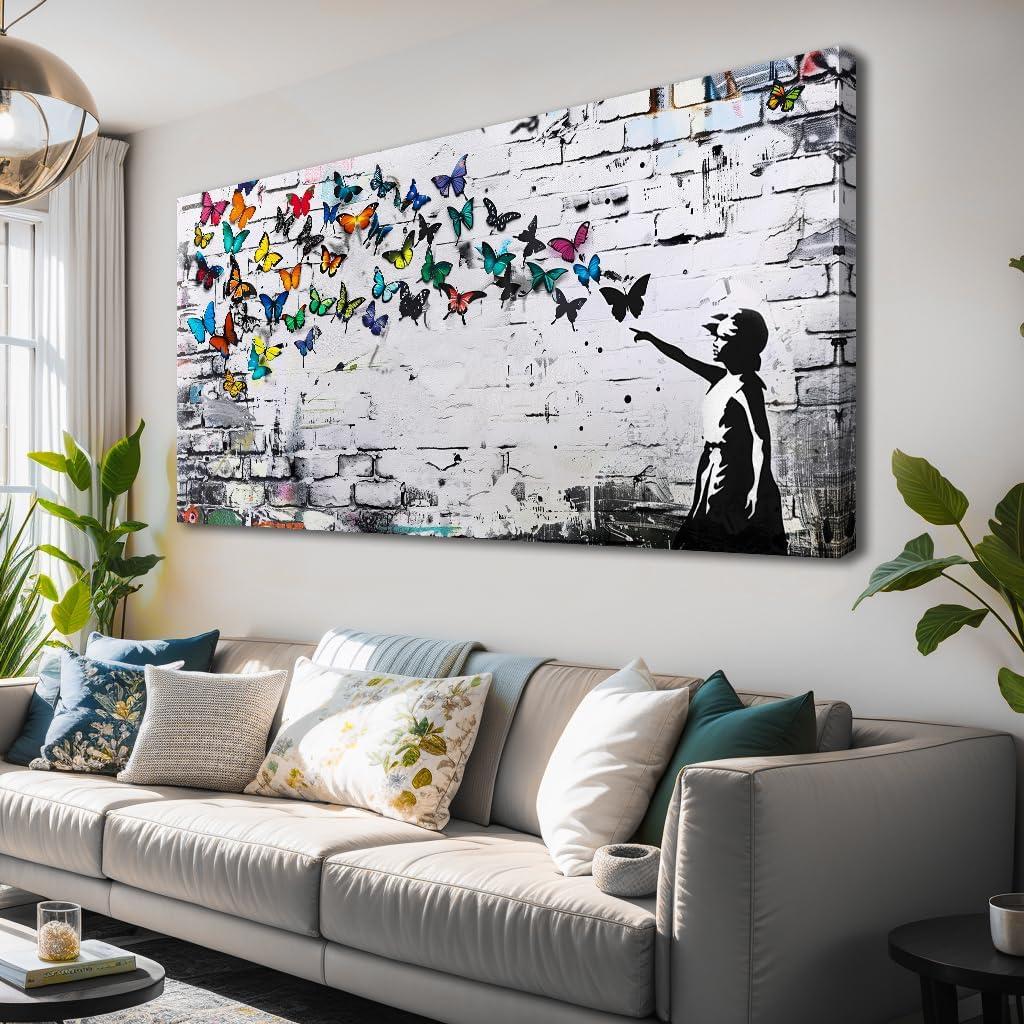 Colorful Graffiti Wall Art Funny Butterfly Paintings Banksy Street Art Mural Pop Art Home Office Wall Decor Framed Canvas Wall Decor for Living Room Ready to Hang -58x28in
