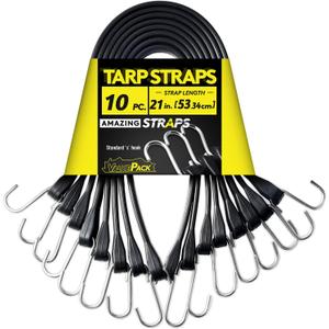 Rubber Bungee Cords Heavy Duty Outdoor with 1.8X Max Stretch & Over 176 lbs Load, 100% EPDM Black Bungee Straps with Standard S Hooks for Cargo, Tarps, Van, Truck, Motorcycle, Weatherproof (10 Pack) (21 inches)