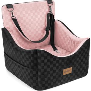 JOEJOY Elevated Dog Car Seat for Small/Medium Dogs up to 35 lbs, Memory Foam Booster Seat with Detachable Washable Cover, Travel-Safe Car Bed with Safety Belts & Storage Pockets, Pink