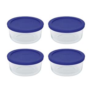 Pyrex Storage 4 Cup Round Dish, Clear with Blue Lid - Original Genuine Pyrex - Pack of 4 Containers