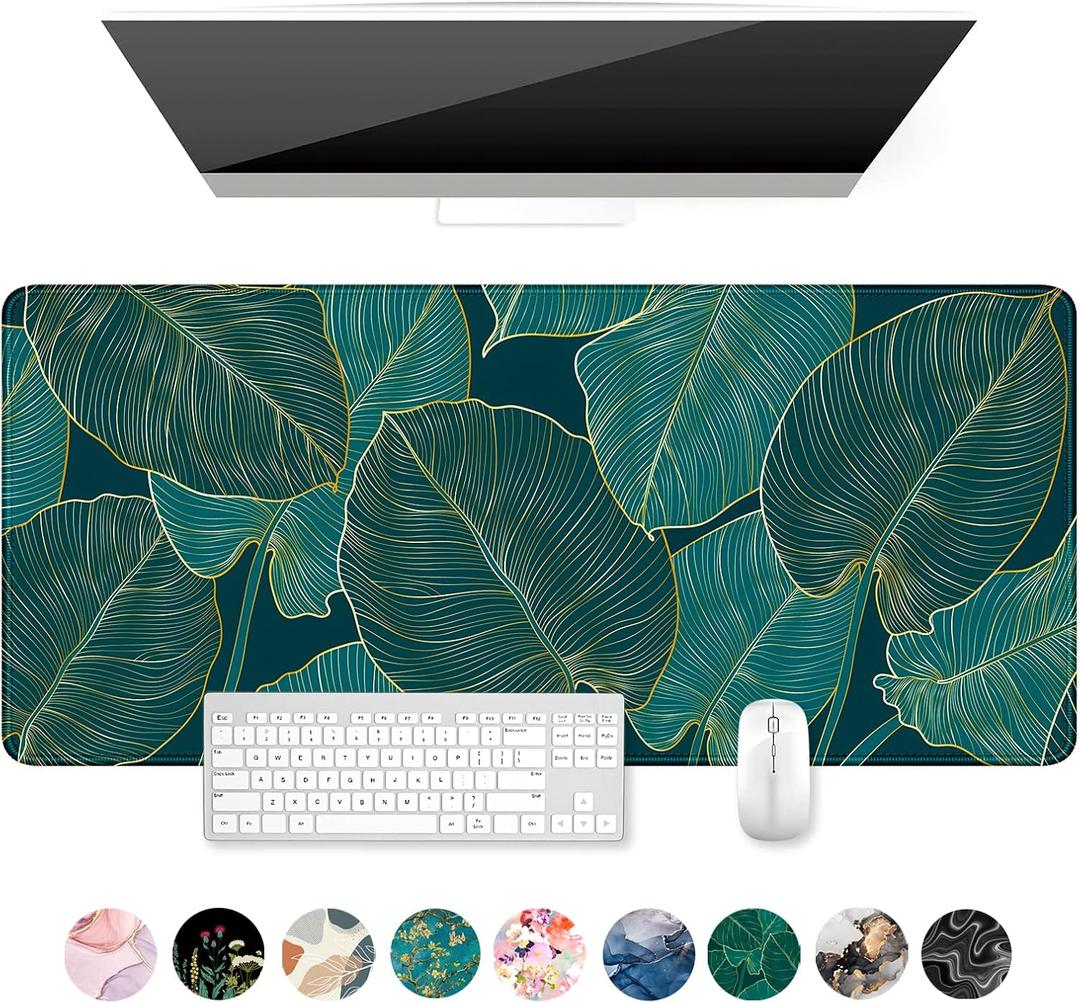 Auhoahsil Desk Mat, Ultra Large Mouse Pad, XXL Gaming Mousepad, Green Tropical Leaves Deskpad, Big Extended Full Size Mouse Pad, Desktop Desk Matt for Keyboard, Laptop & Computer, 35.5 x 15.7 in (01 Beach Palm Tree Leaves)