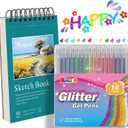 18 Colors Glitter Gel Pens Set with A5 Sketchbook (50 Sheets 120gsm) - Colored Gel Markers for Adult Coloring Book, Scrapbooking, Journaling, Card Making - Art Gift Set for Artists (XGP-18)