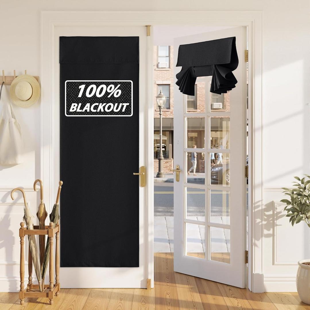 RYB HOME 100% Blackout Linen French Door Curtain - Home Decor No Drill Door Curtain for Front Window, Thermal Insulated Privacy Blinds with 2 Adhesive Tapes, W 30 x L 69, 1 Panel, Black