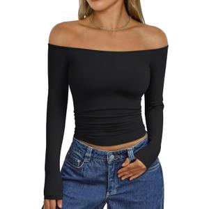 Trendy Queen Womens Long Sleeve Off The Shoulder Tops Going Out Cute Basic Y2K Fall Fashion 2026 Outfits Clothes (Medium, Black)