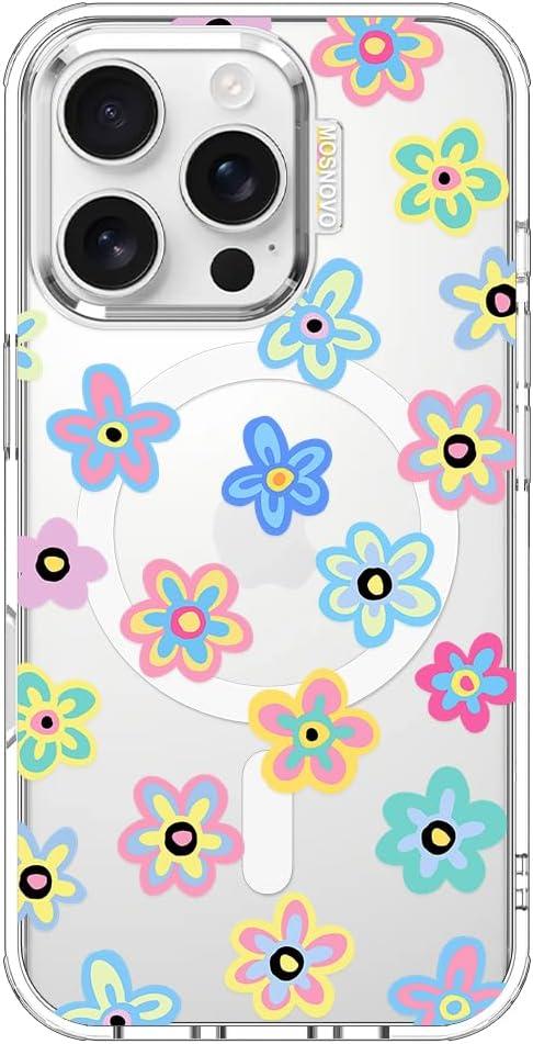 MOSNOVO Case for iPhone 16 Pro, [Compatible with Magsafe] [Buffertech 6.6ft Military-Grade Drop Protection] [Anti Peel Off Tech] Clear Phone Case Design - Groovy Flower