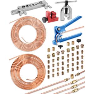 25 ft 3/16in &1/4in Copper Coated Brake Line Flaring Tool Kit, Includes 3-in-1 Tube Bender, Double & Single Flaring Tool Set, 1 Tube Cutter, 4 Threads Unions, 40 Fittings