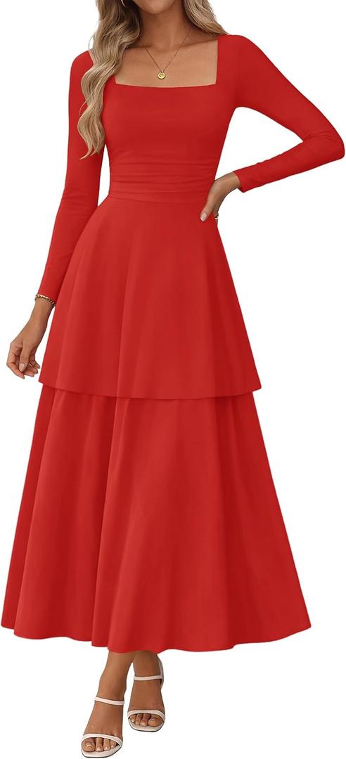 Lazysmile Women's Long Sleeve Fall Dresses Square Neck Ruched Waist Ruffle Hem Flowy Elegant Modest Boho Casual Maxi Dress Red, Large
