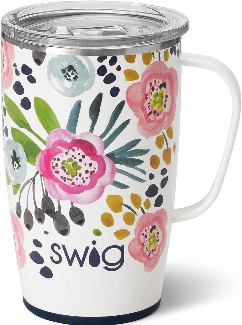 Swig Life 18oz Travel Mug, Insulated Tumbler with Handle and Lid, Cup Holder Friendly, Dishwasher Safe, Stainless Steel, Travel Coffee Cup (Primrose)