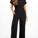 Happy Sailed Black Jumpsuits for Women Dressy Front Crisscross Top Tie Waist Belted Wide Leg Pant Rompers Loose Casual Overalls with Pockets, Large